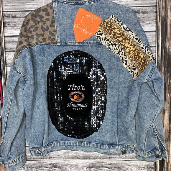 Recycled UpCycled Vintage NWOT Tito’s Crown Royal Denim Jean Jacket Gypsy Hippie - Picture 1 of 7